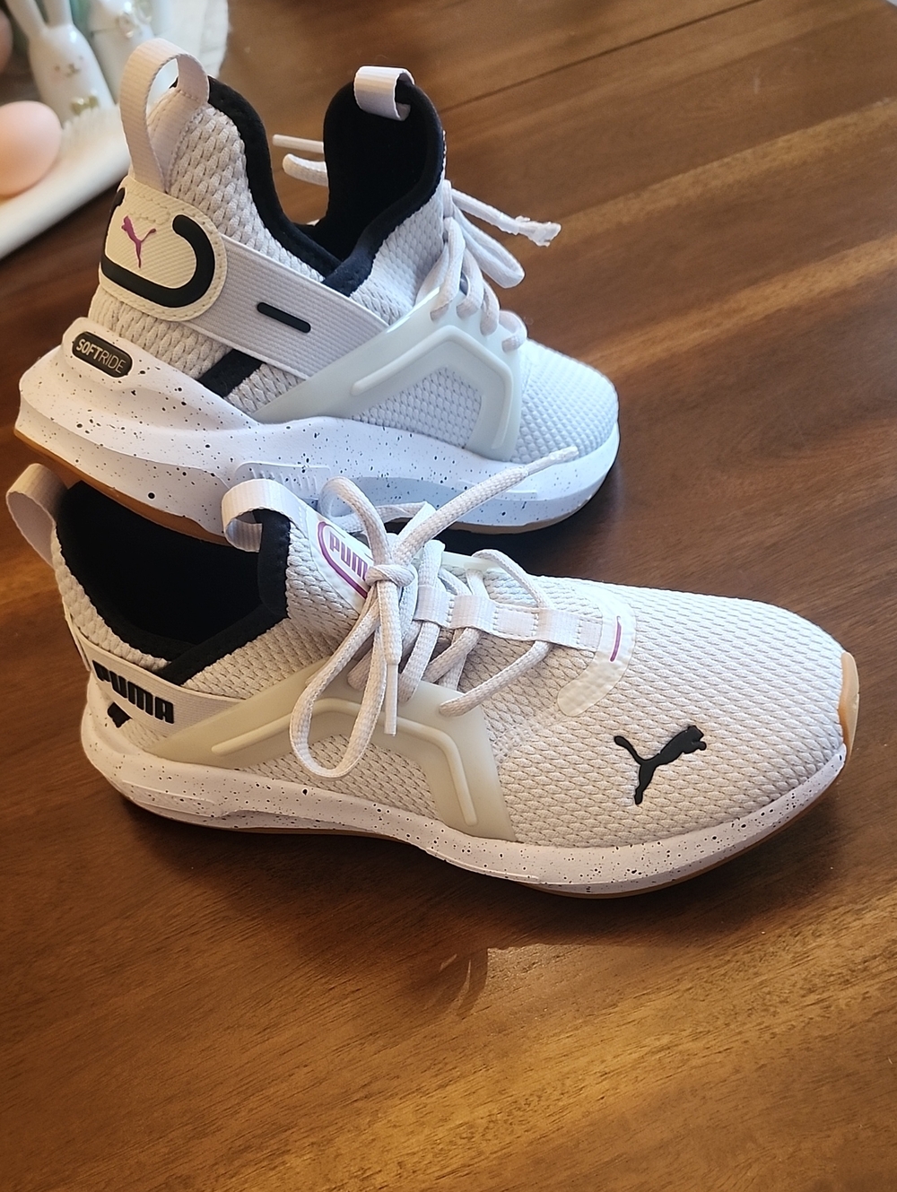 Puma Womens White and Black Mesh Sneakers with Pink Logo Accent